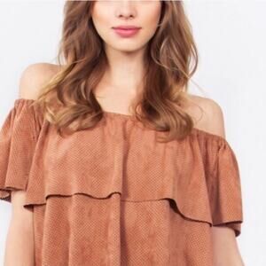 Sugar Lips Brown Tiered Ruffle On Or Off Shoulder Faux Suede Blouse